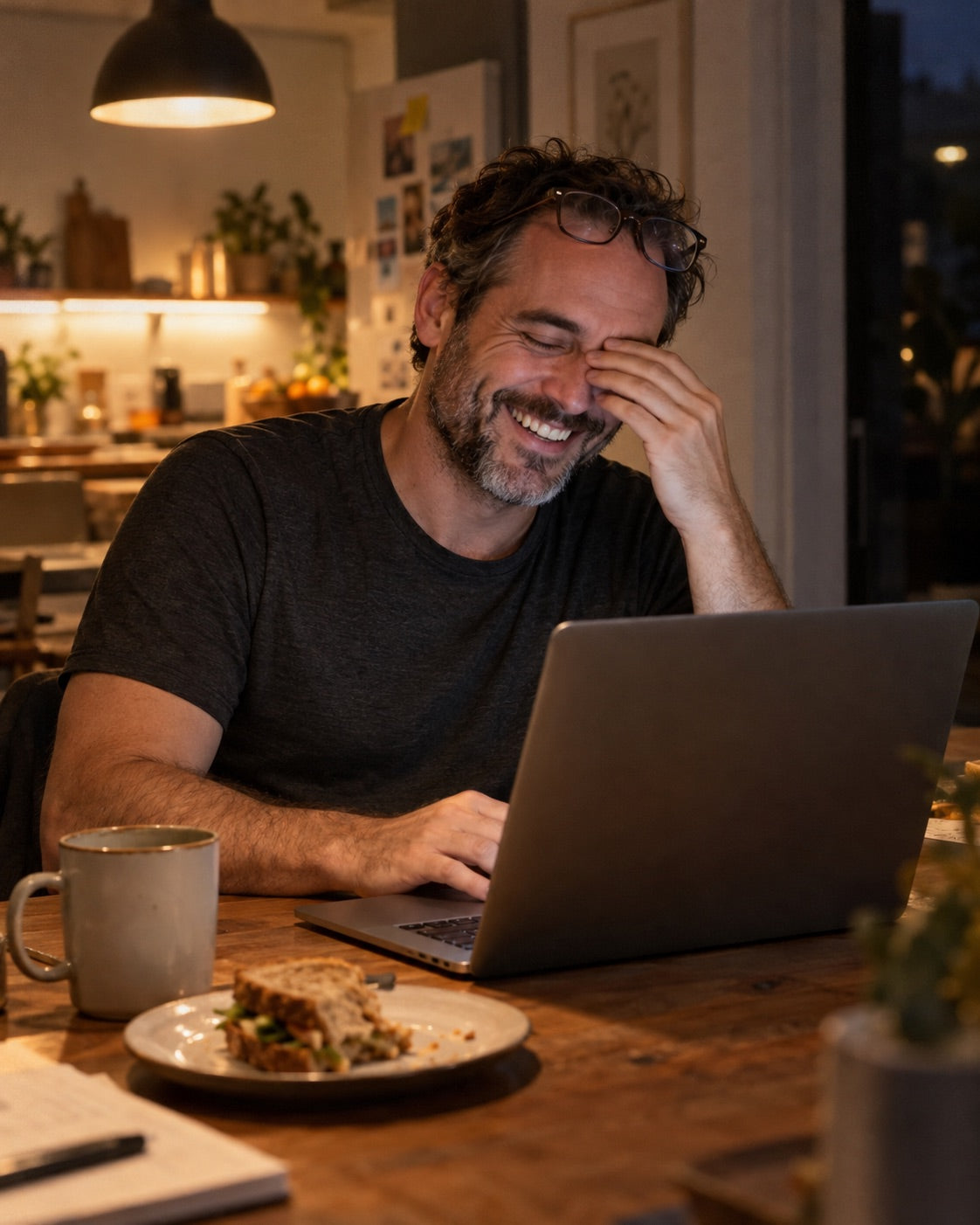 A founder laughing at a laptop at a kitchen table late in the evening.