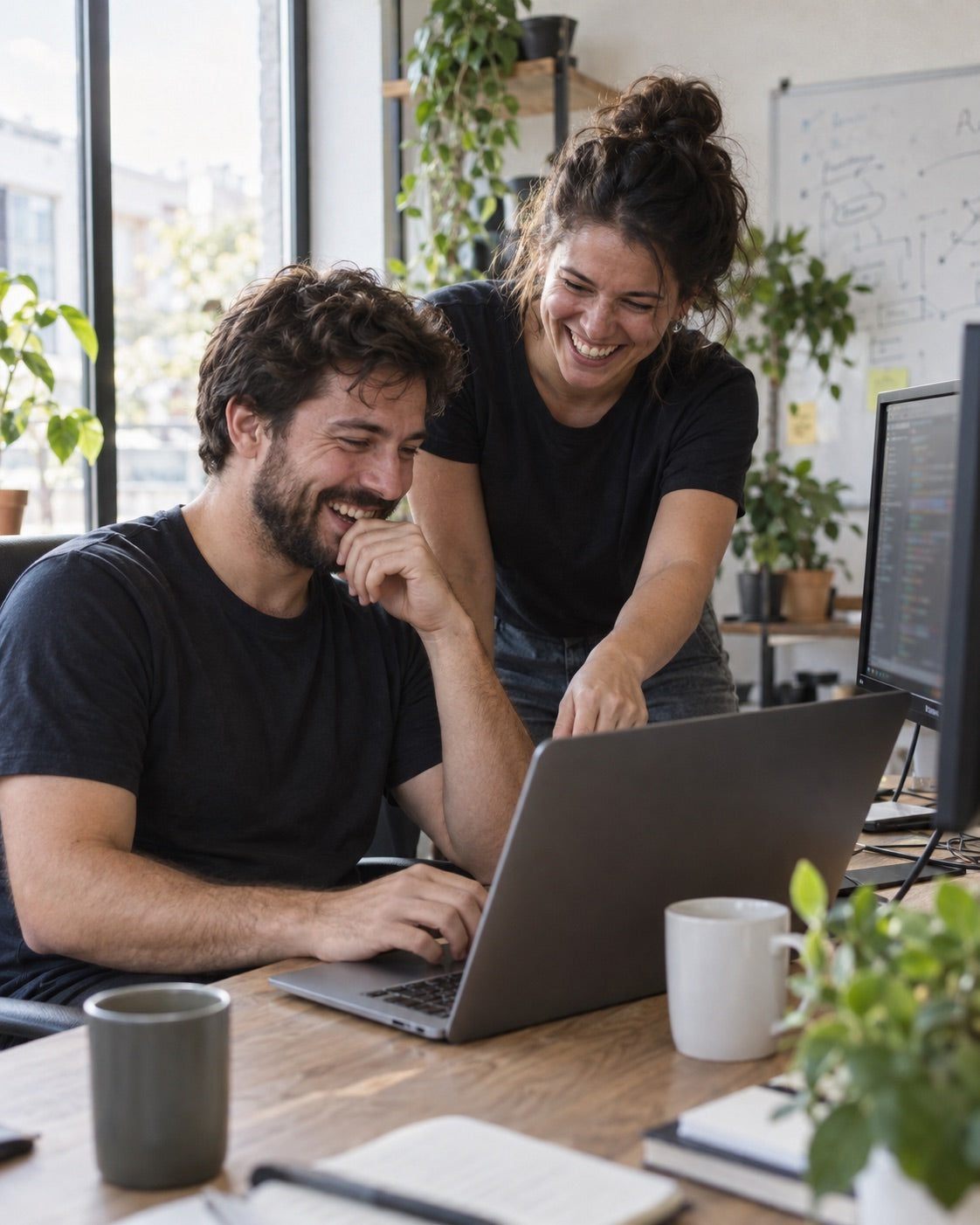 Two coworkers laughing together at a laptop during a code review.