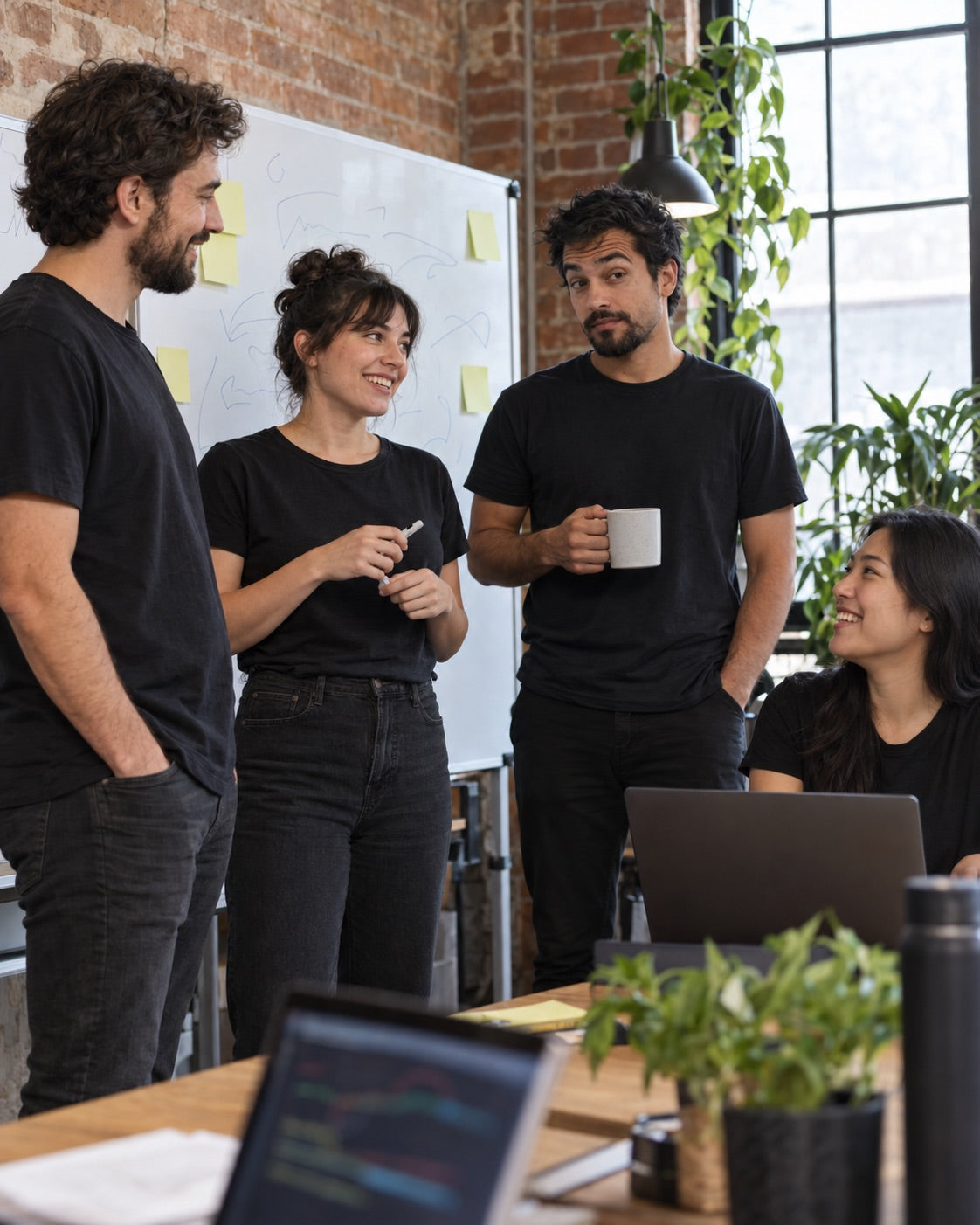 A team at a whiteboard stand-up, with one person holding a coffee.